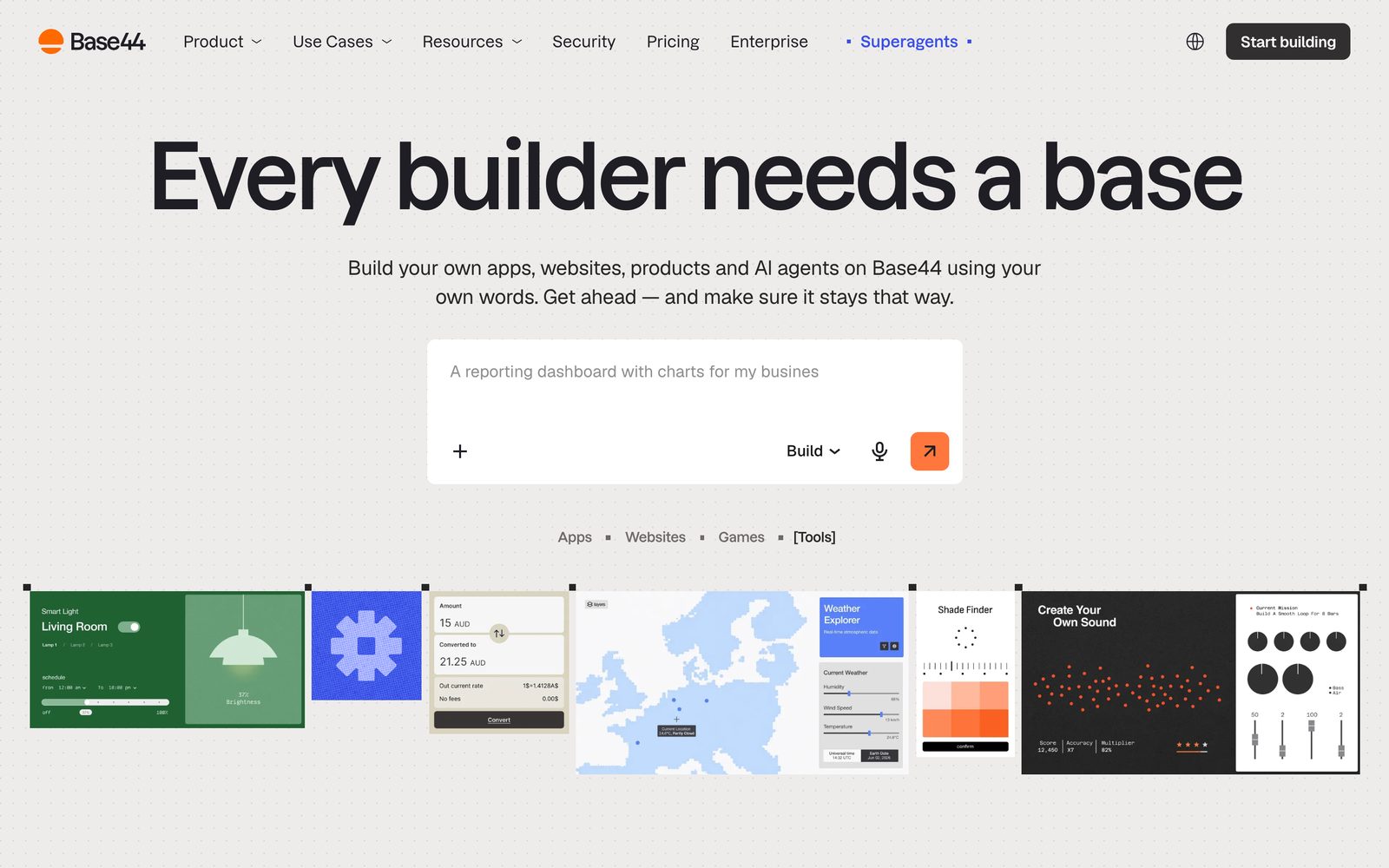 Base44 homepage: the headline reads Every builder needs a base, above a prompt box and a row of example apps.