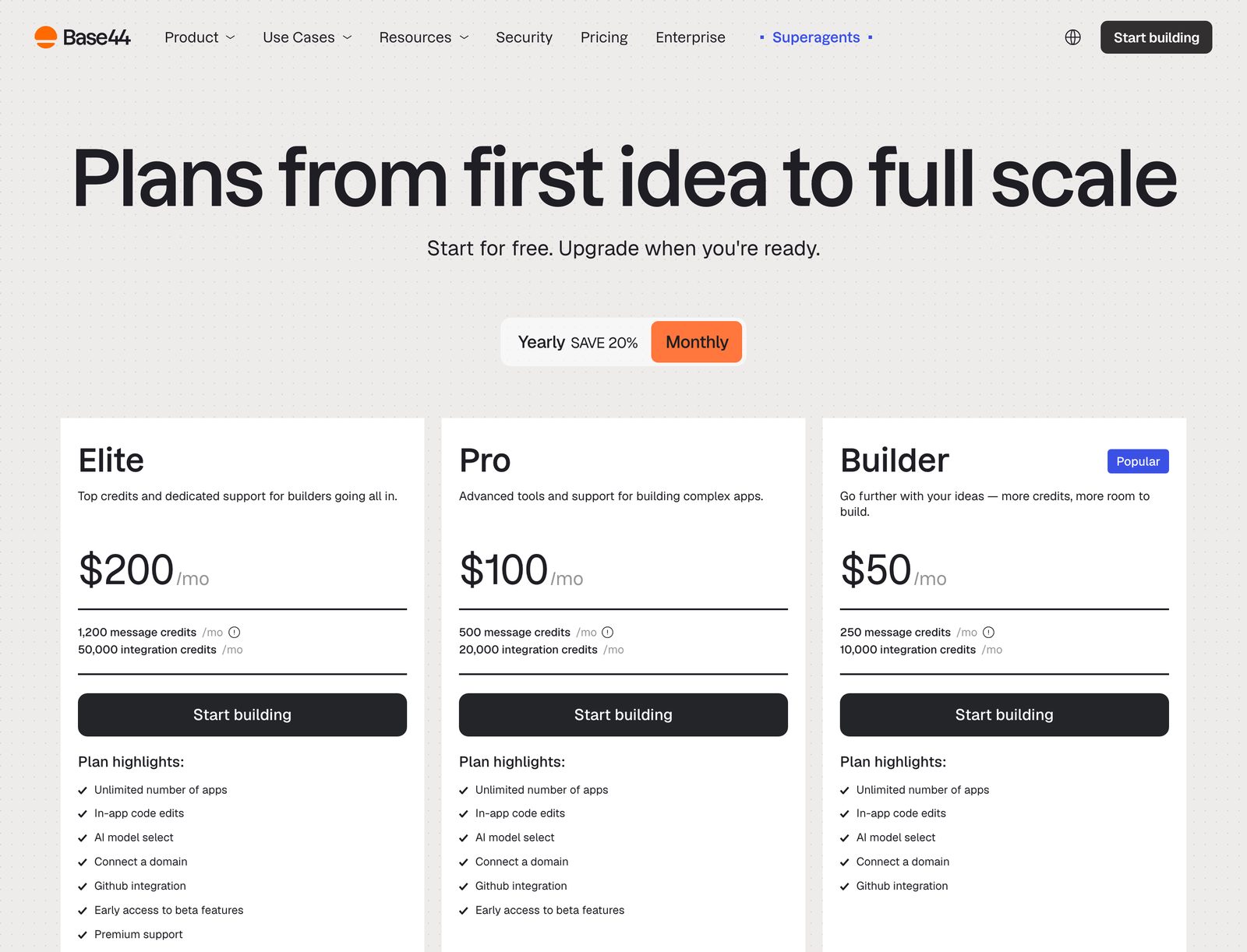 Base44 pricing page with monthly billing selected, showing Elite at 200 dollars, Pro at 100 dollars and Builder at 50 dollars a month.