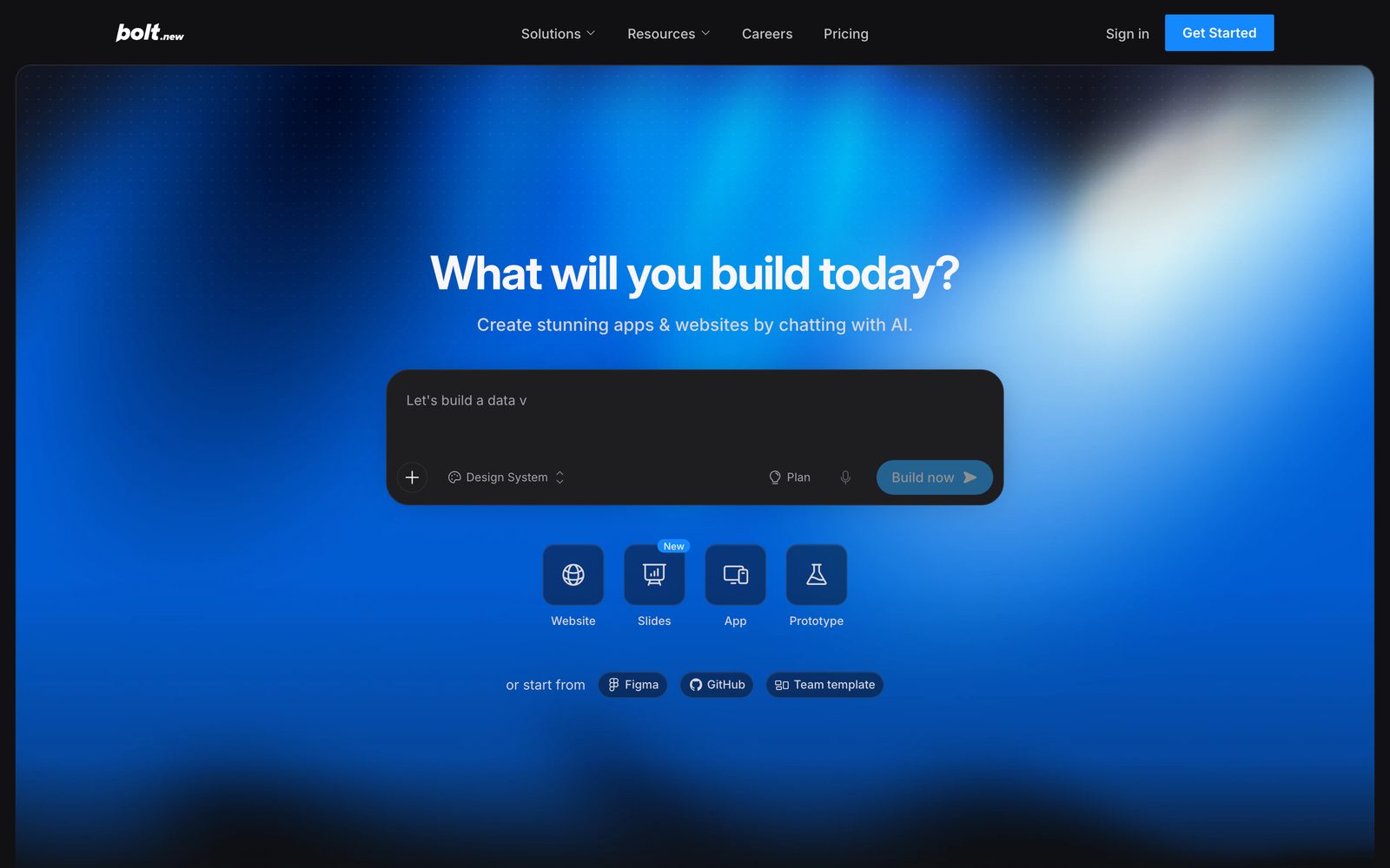 Bolt homepage: the headline reads What will you build today?, above a prompt box and buttons for Website, Slides, App and Prototype.