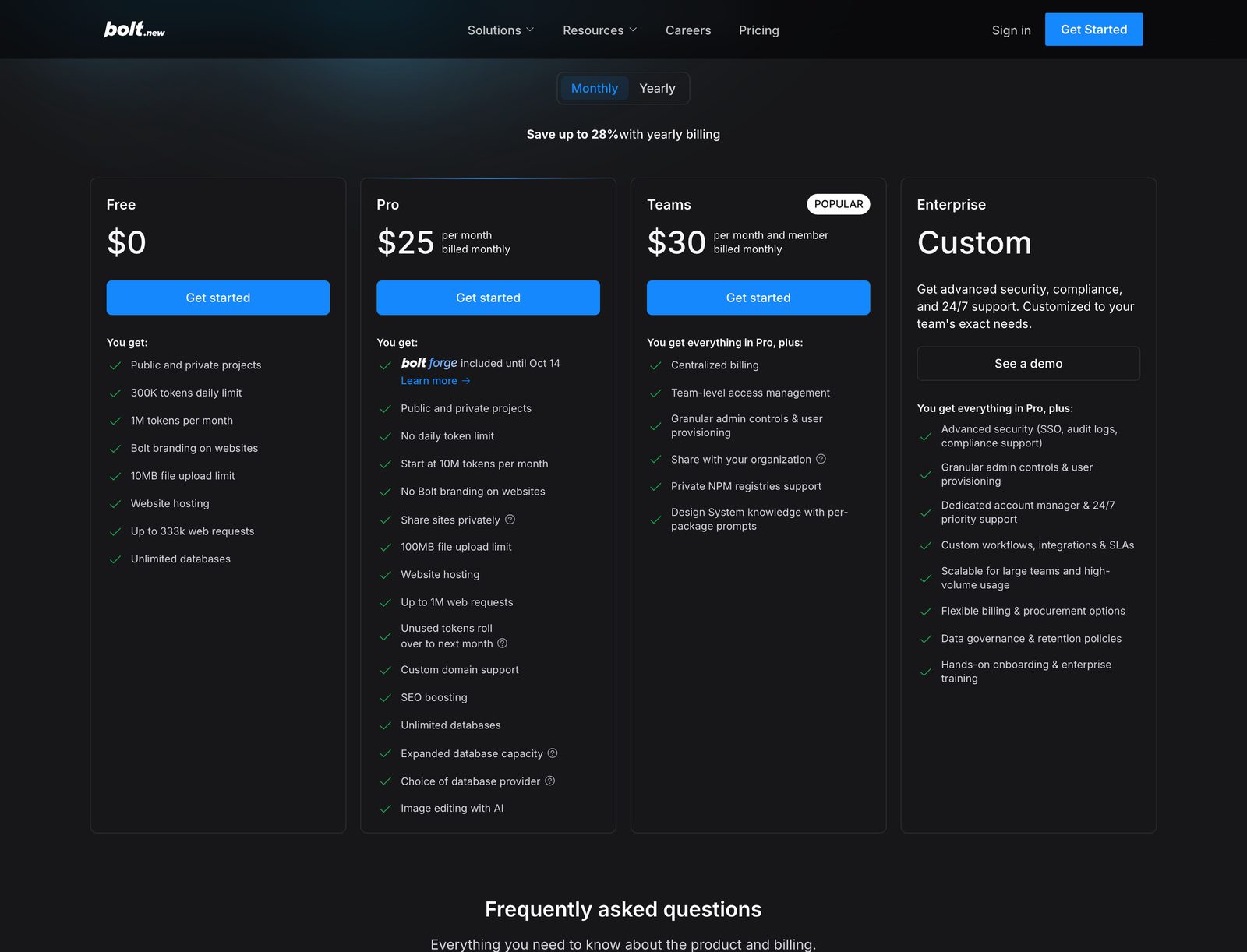 Bolt pricing page with monthly billing selected, showing Free at zero dollars, Pro at 25 dollars a month and Teams at 30 dollars a month for each member.