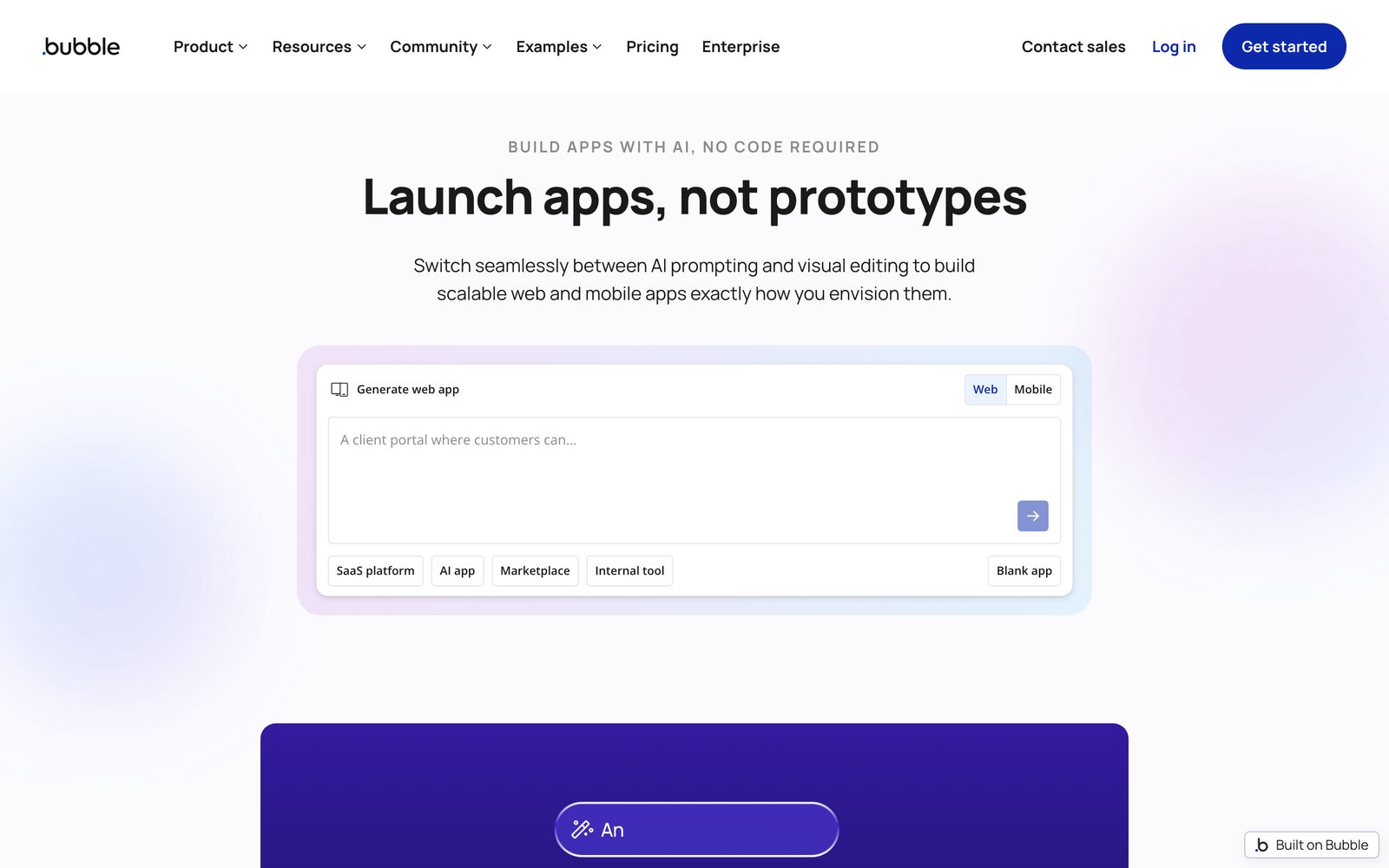 Bubble homepage: the headline reads Launch apps, not prototypes, above a prompt box with Web and Mobile options.