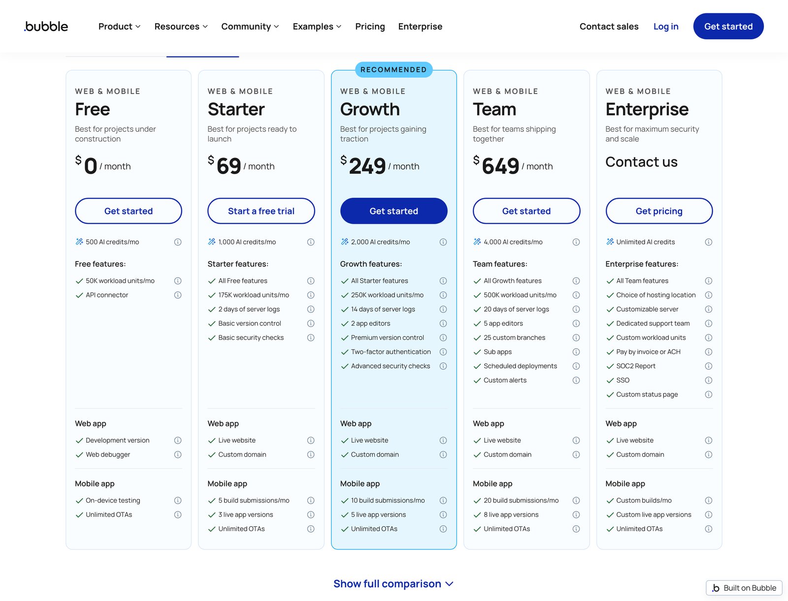 Bubble pricing page with monthly billing and the Web and Mobile plans selected, showing Free at zero dollars, Starter at 69 dollars, Growth at 249 dollars and Team at 649 dollars a month.