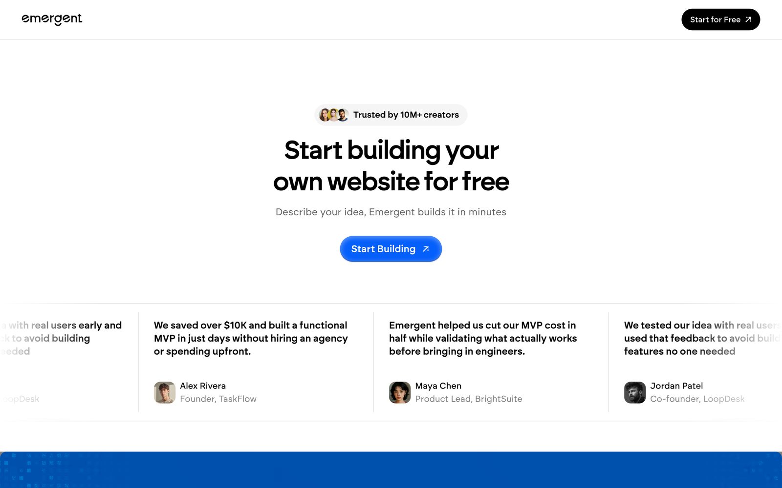 Emergent homepage: the headline reads Start building your own website for free, above a Start Building button and customer quotes.