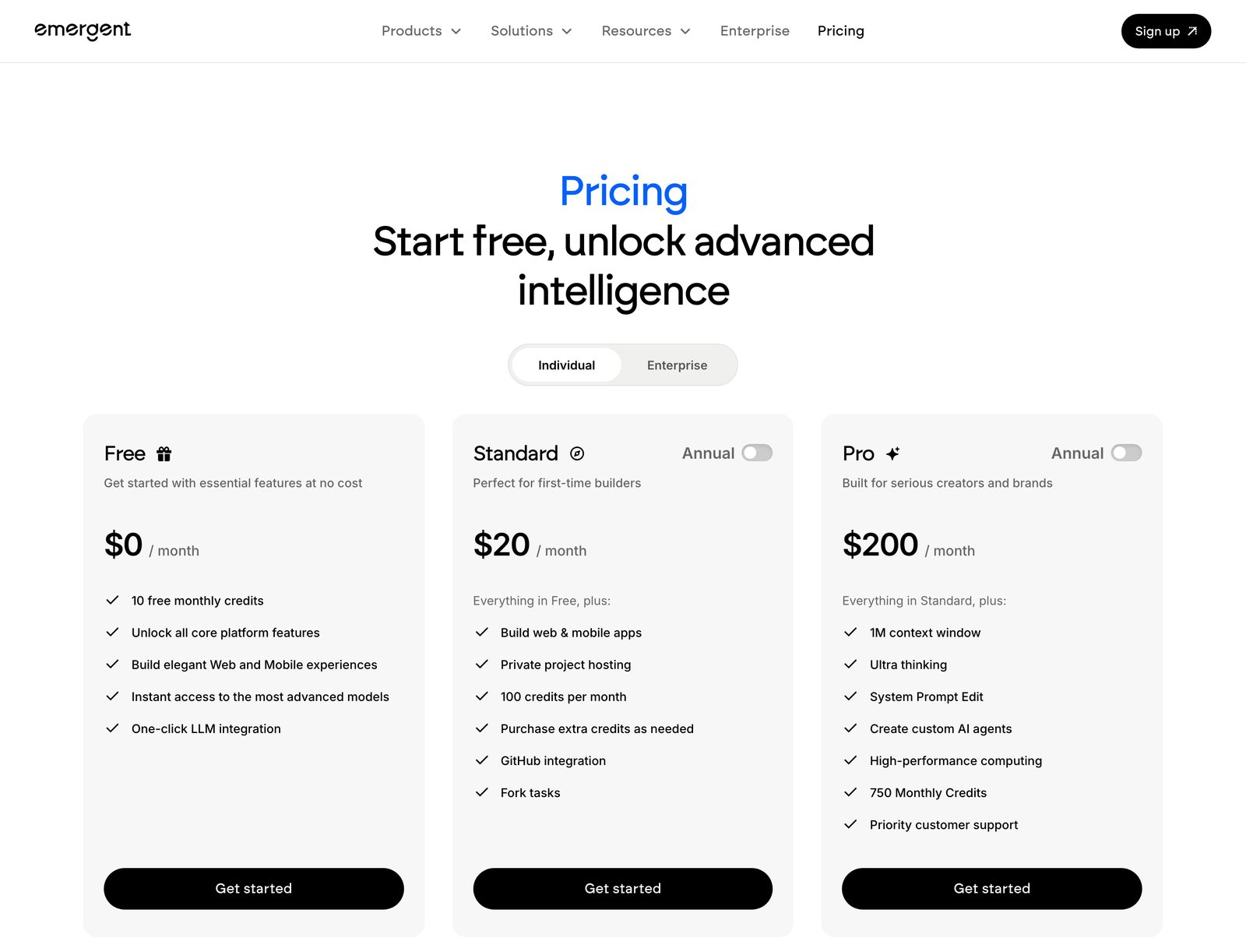Emergent pricing page with the yearly switches off, showing Free at zero dollars, Standard at 20 dollars a month and Pro at 200 dollars a month.