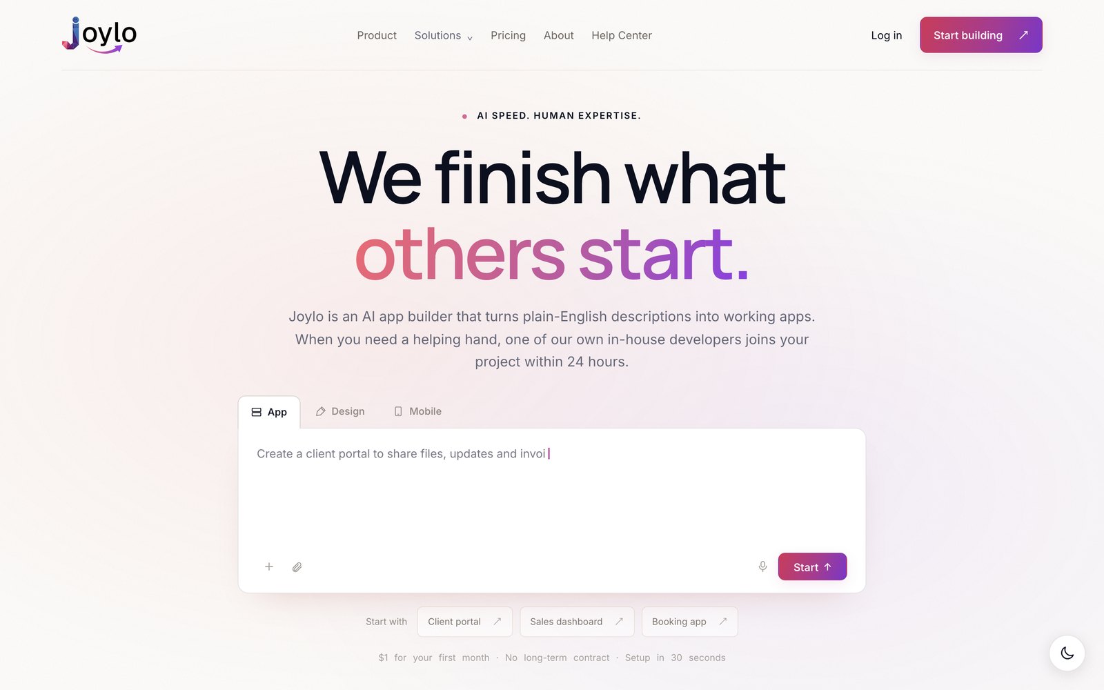 Joylo homepage, with a prompt box for describing your app.