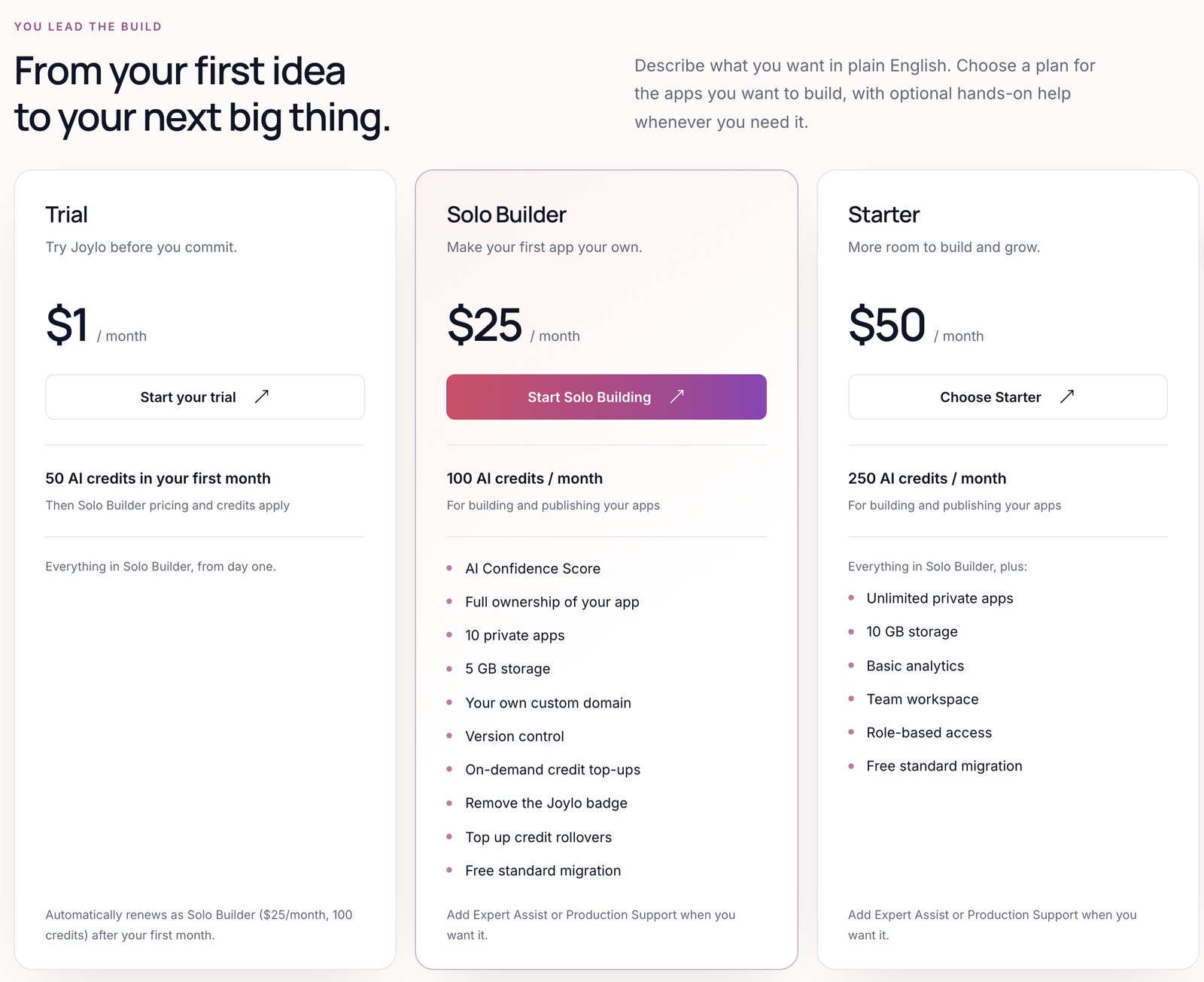 Joylo pricing page showing Trial at 1 dollar, Solo Builder at 25 dollars and Starter at 50 dollars a month.