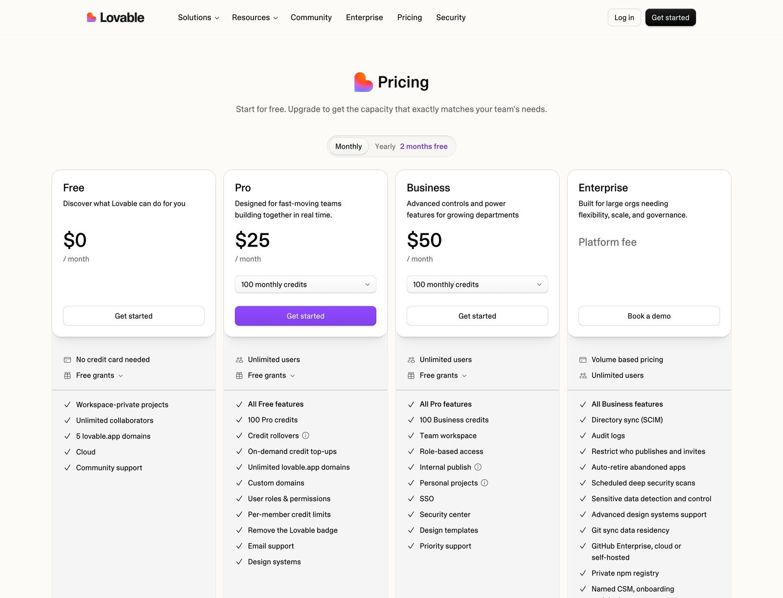 Lovable pricing page with monthly billing selected, showing Free at zero dollars, Pro at 25 dollars a month and Business at 50 dollars a month.