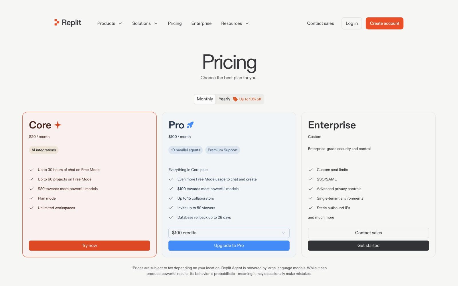 Replit pricing page with monthly billing selected, showing Core at 20 dollars a month, Pro at 100 dollars a month and Enterprise at a custom price.